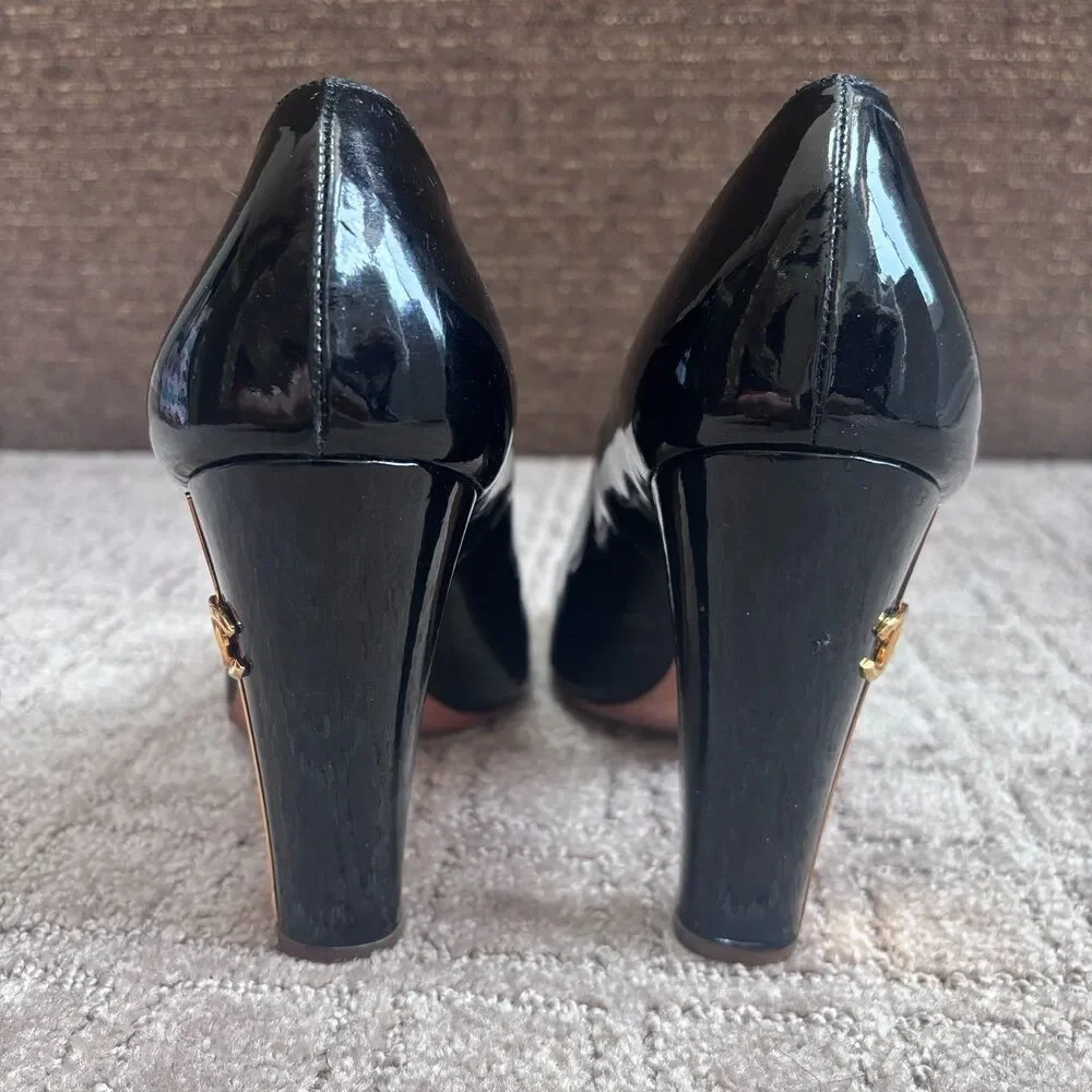 CHANEL Peep Toe Patent Leather Heels Women's EU 40 US 9-9.5 Black Open Classic